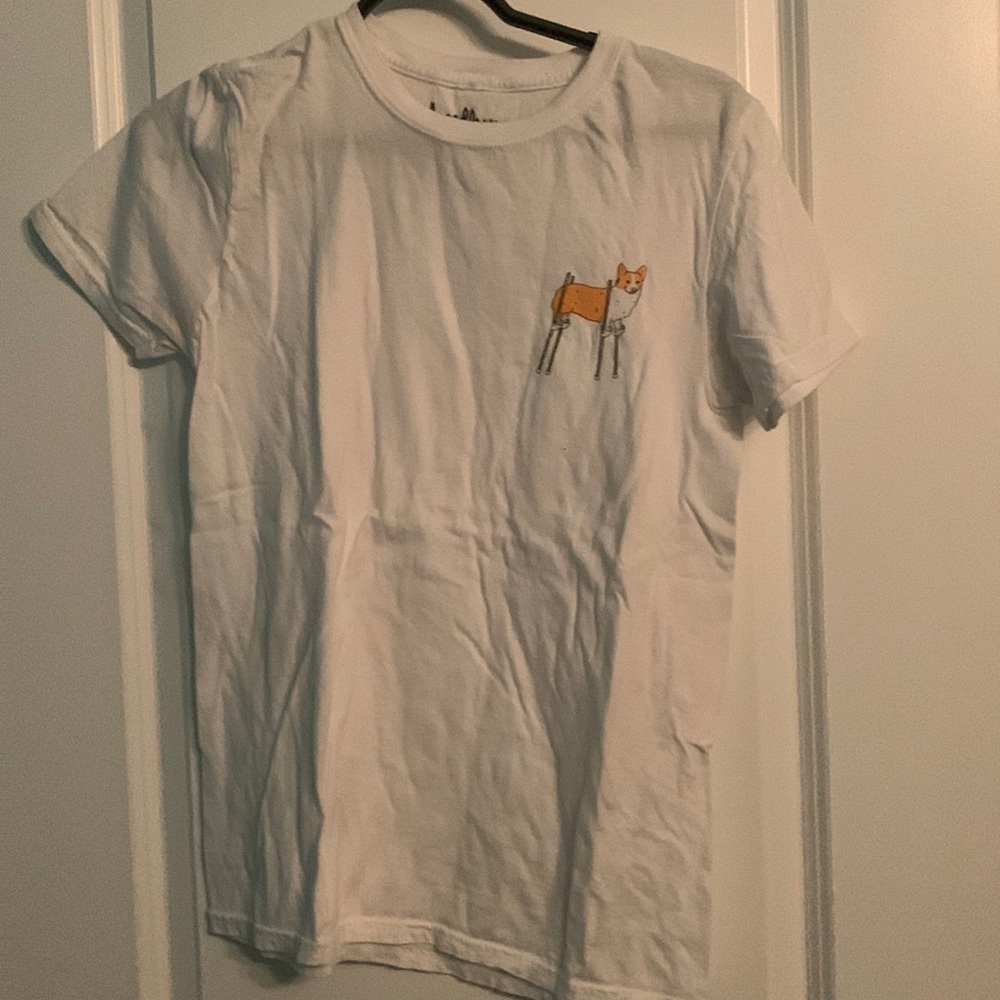 men’s t shirt with corgi on stilts